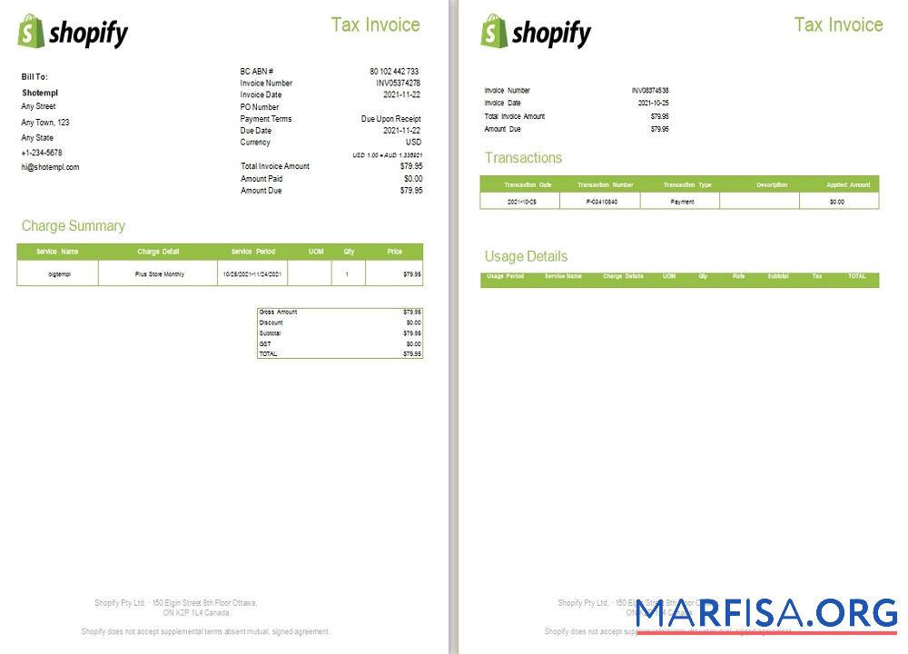 Printable Canada Shopify tax invoice example